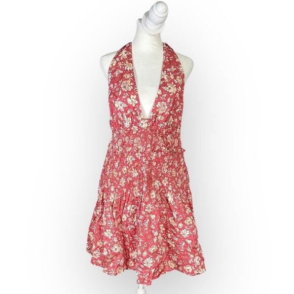J.Crew Mini Dress Women's Large Pink White Floral Smocked Halter Ruffle V-Neck - Picture 3 of 13